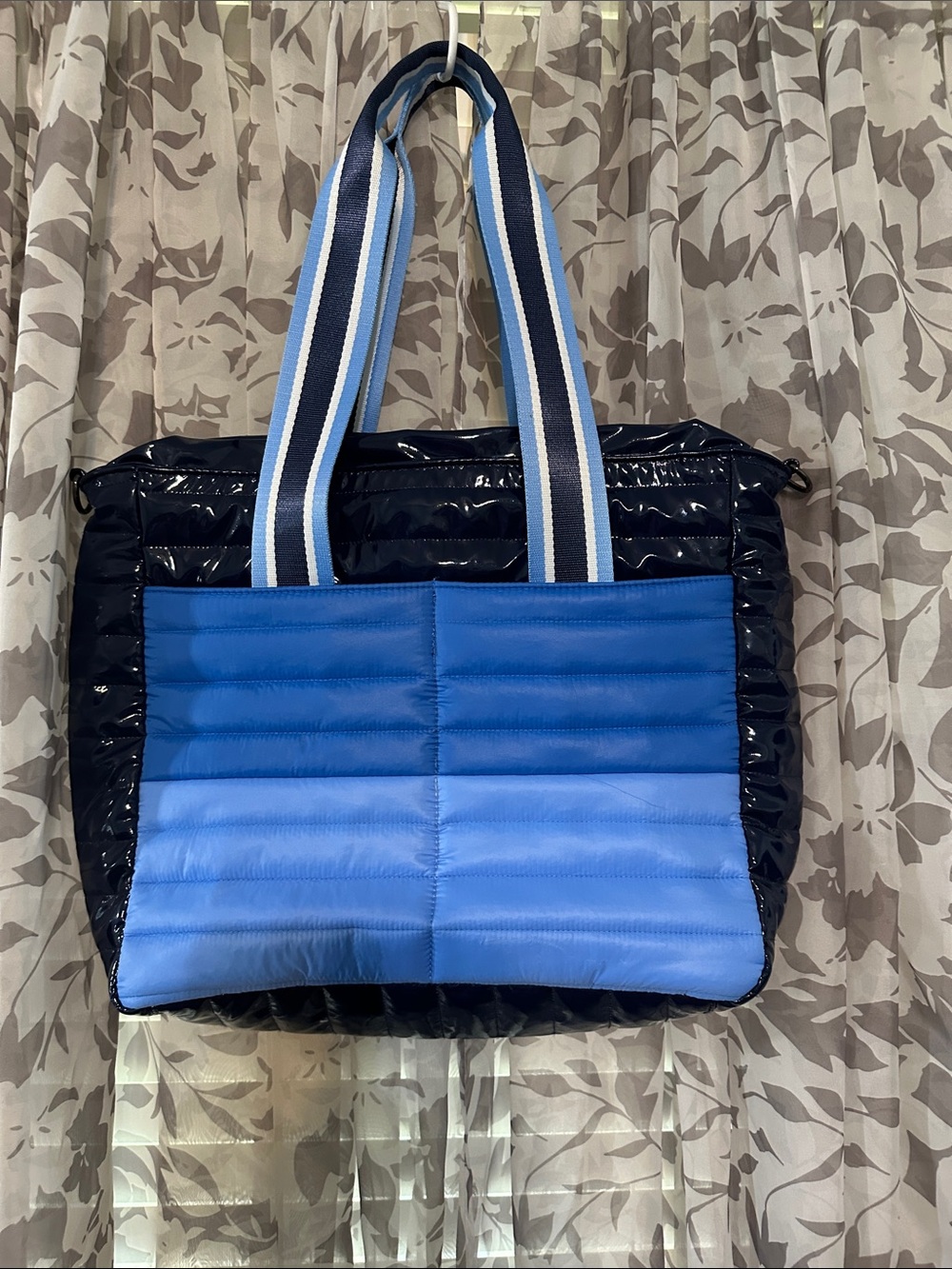 THINK ROYLN Quilted Blue Tote with Navy Patent Sides and Striped Handles
